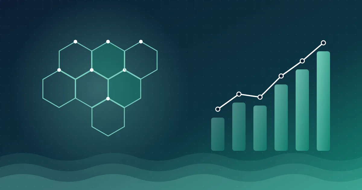 Abstract illustration of molecule hexagons beside a rising chart